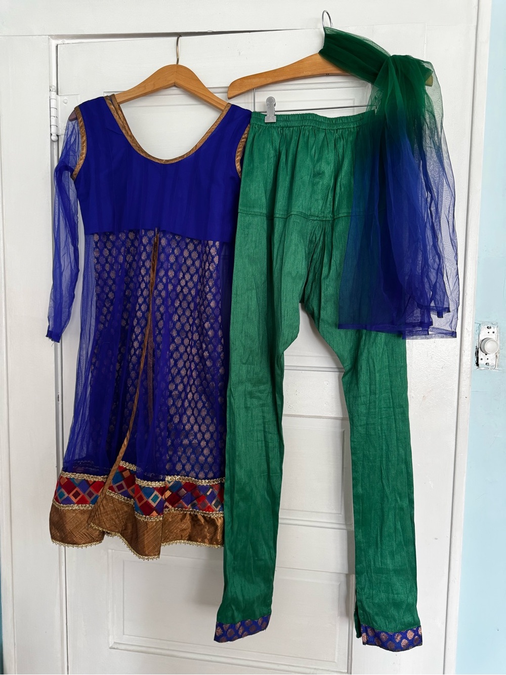 Royal Blue & Emerald Green Women's Dress and Straight Salwar 4 piece Set size 36